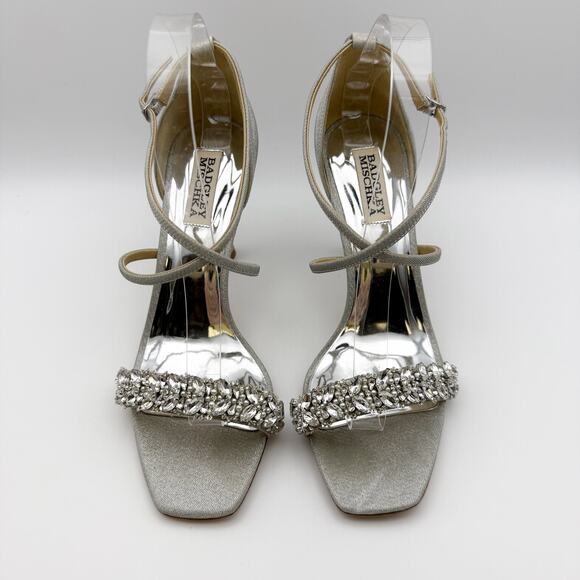 Badgley Mischka Womens Nala Glitter Strappy Heels US 8 Silver Satin NWOB - Picture 9 of 11
